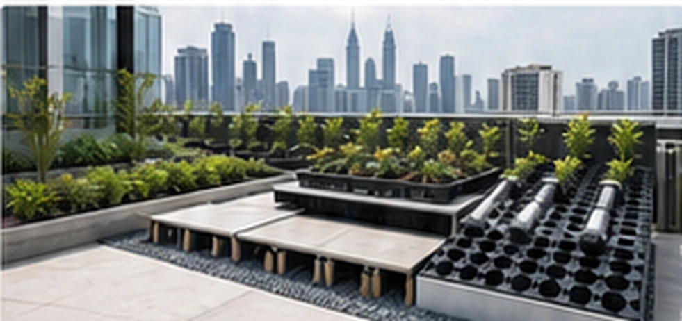 Elmich drainage cells installed as part of a rooftop landscape build-up