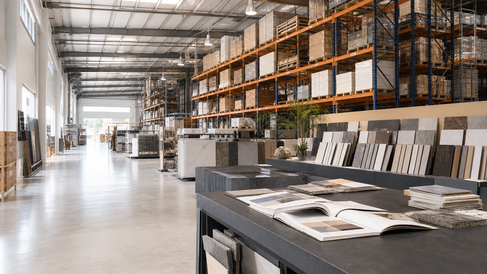 Organised building material warehouse with specification samples