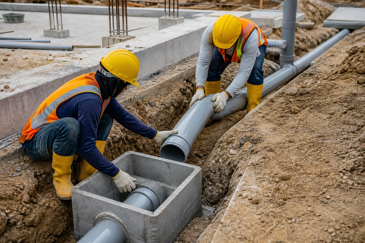Construction workers installing an underground drainage pipe