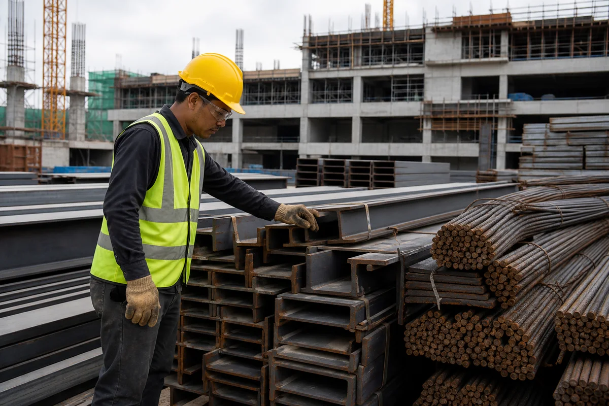 Construction worker inspecting structural steel beams and reinforcing bars