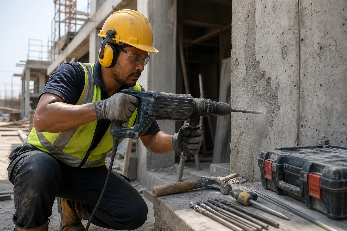 Construction worker operating a rotary hammer drill on concrete